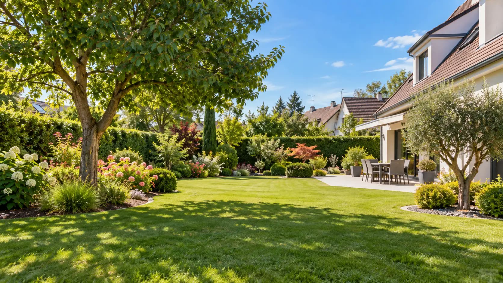 Jardin après intervention : grand arbre taillé, haie dense et massifs d'hortensias